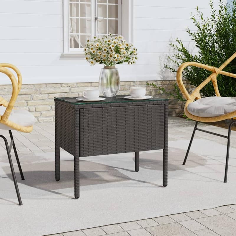 vidaXL Side Table Black/Brown 20.9"x14.6"x18.9" Poly Rattan and Tempered Glass - 20.9" x 14.6" x 18.9" - Black