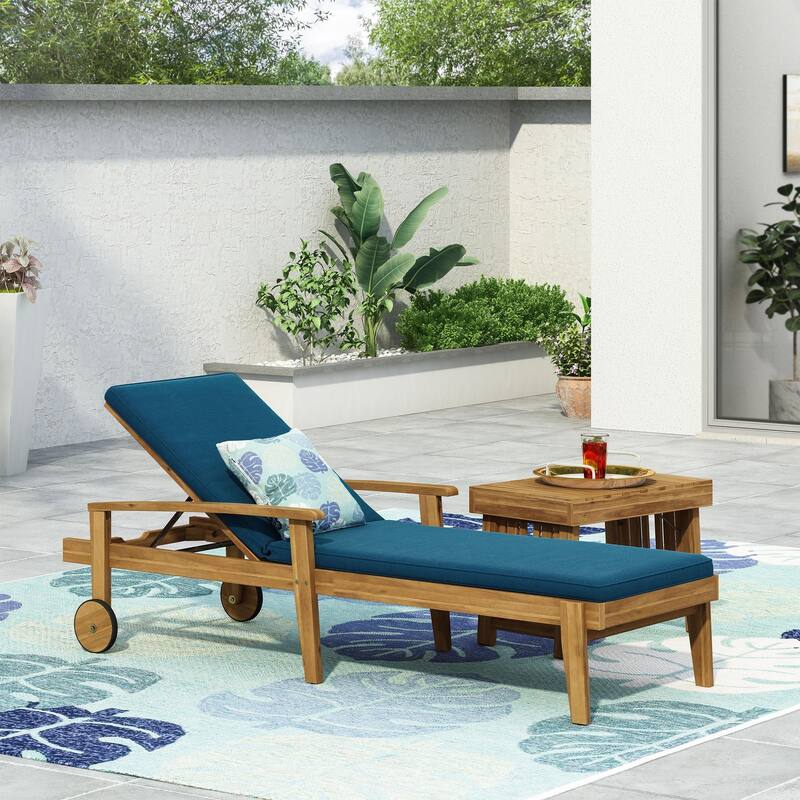 Outdoor solid wood frame chaise lounge with rollers and cushions