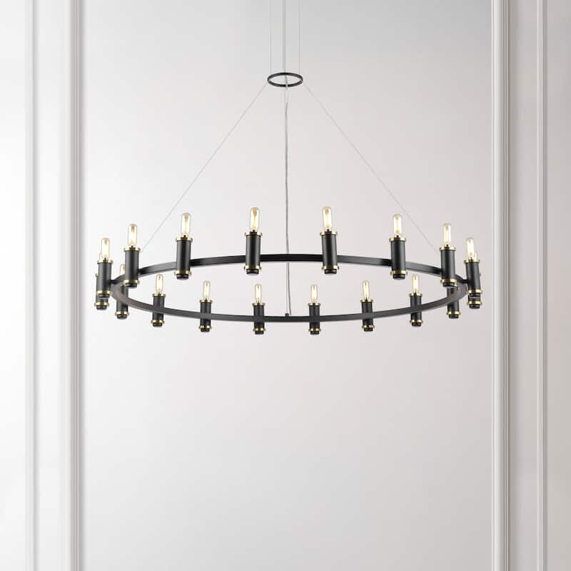 SAFAVIEH Lighting Odyle Modern Farmhouse 18-Light Adjustable Wagon Wheel Chandelier (LED Bulbs Included) - Black/Brass