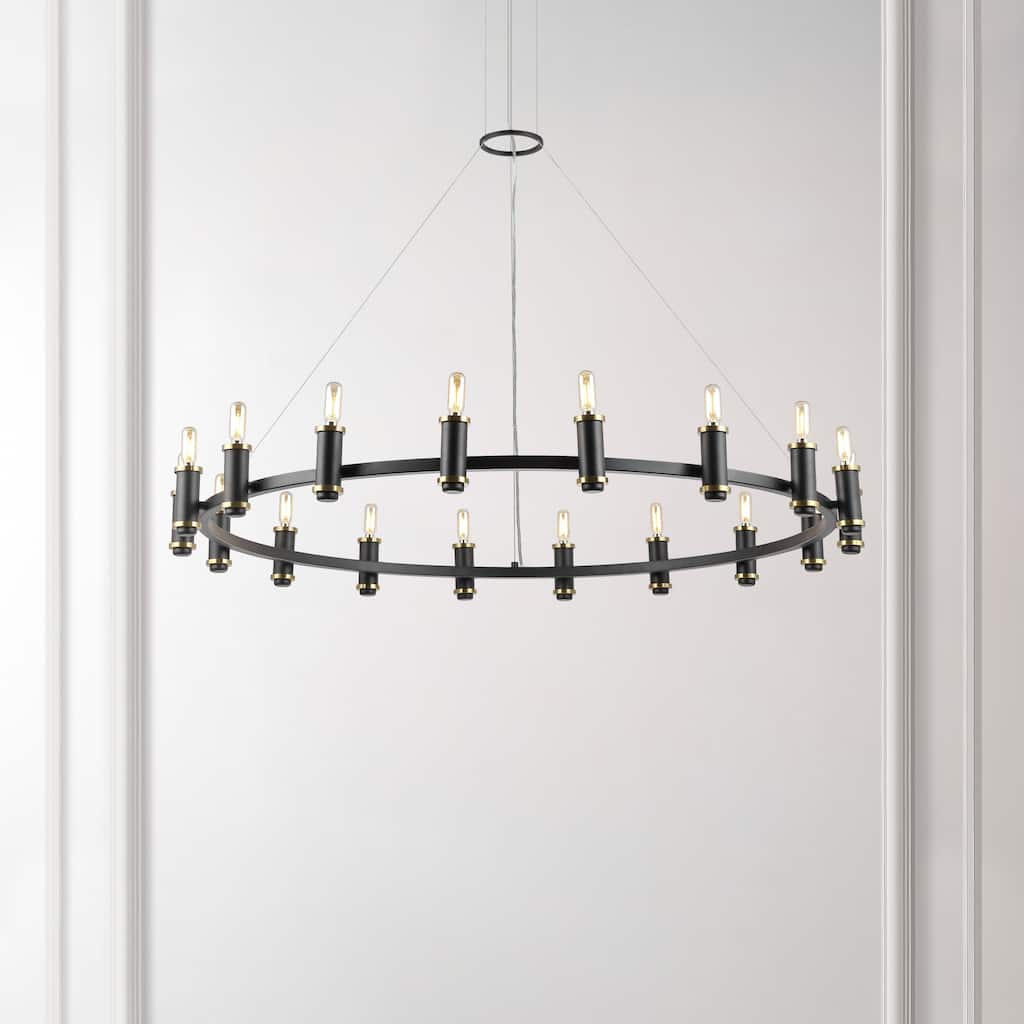 SAFAVIEH Lighting Odyle Modern Farmhouse 18-Light Adjustable Wagon Wheel Chandelier (LED Bulbs Included) - Black/Brass