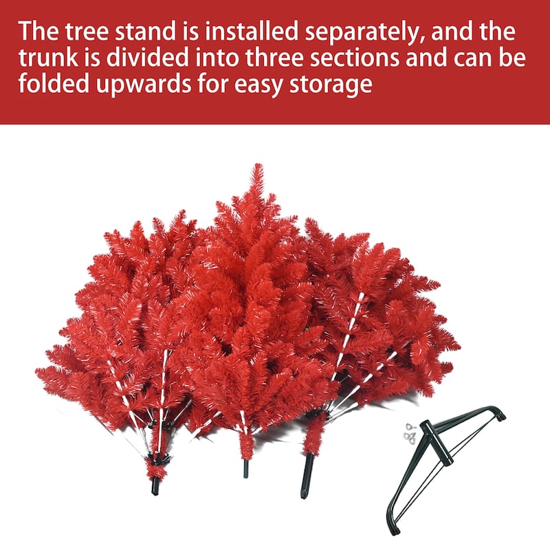 Red Artificial Christmas Tree - Pure PVC Branches, Hinged Design, Metal Stand, Bold Holiday Decor