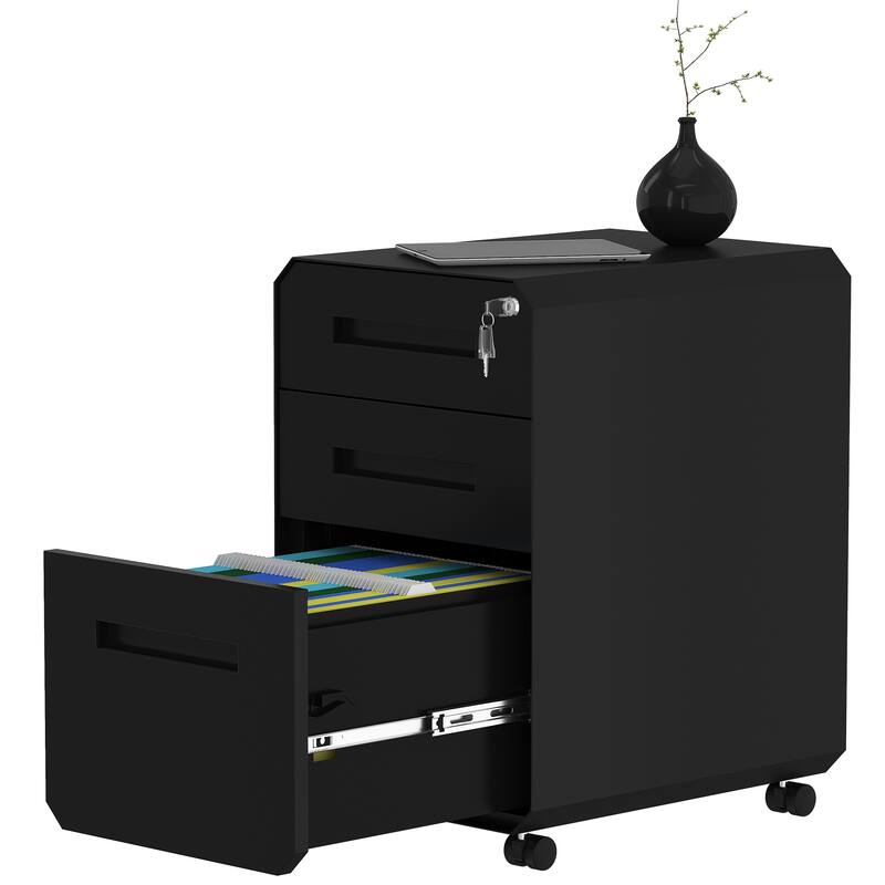 Modern Polygon 3-Drawer Wheeled Steel File Cabinet