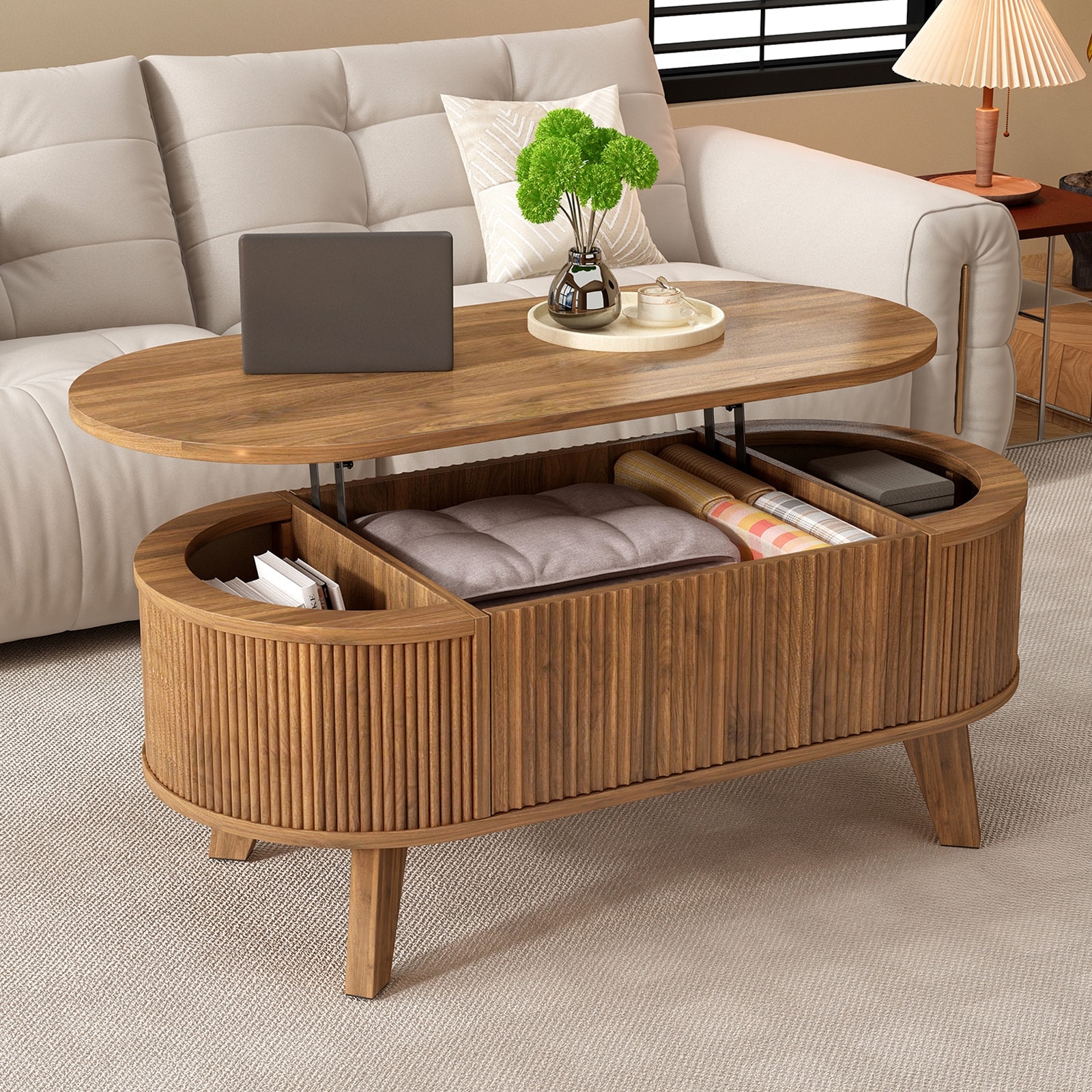 Fluted Lift Top Coffee Table with Storage, Modern Oval Coffee Table for Living Room or Home Office (Walnut)