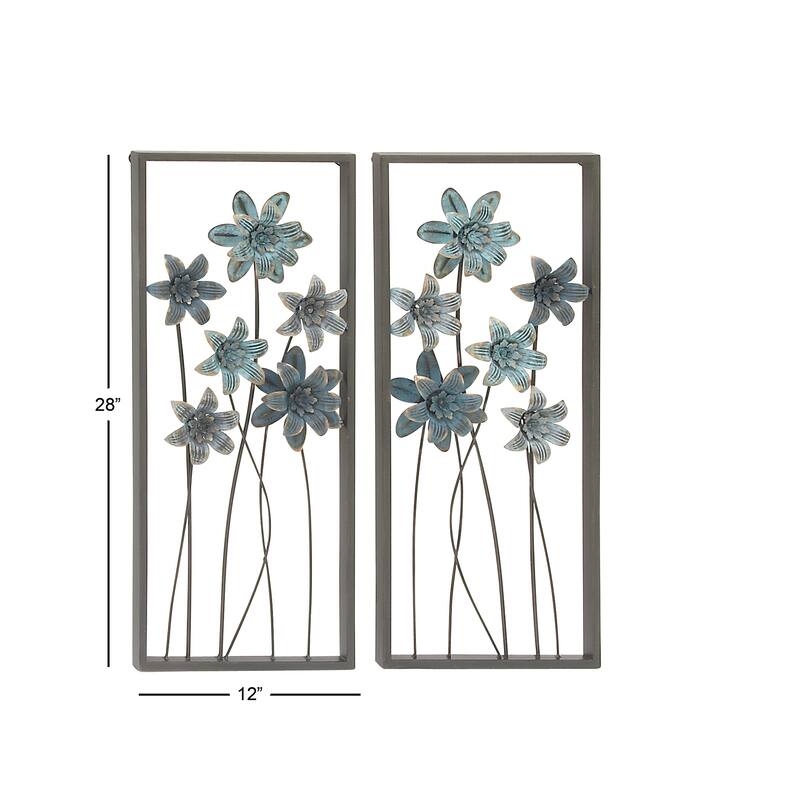 Teal Metal Floral Home Wall Decor with Black Frames and Gold Accents (Set of 2)