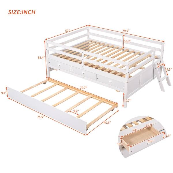dimension image slide 3 of 6, Low Loft Bed with Safety Fence, Climbing Ladder, Storage Drawers and Trundle Solid Wood Bed