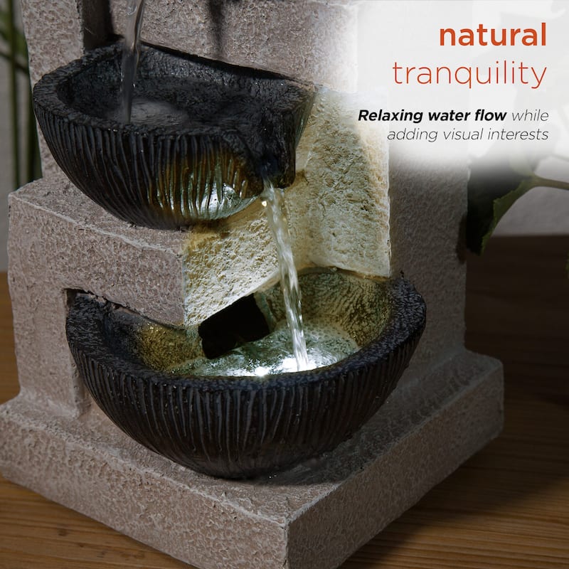 Alpine Corporation 14" Tall Cascading Tabletop Bowl Fountain Decoration with LED Lights, Gray