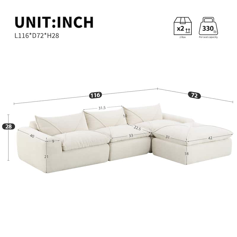 L-Shape Oversized Modular Sofa, 4 Seat Spacious Sofa