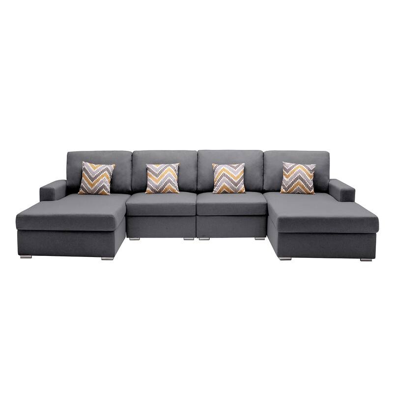Linen Fabric 4 Piece Double Chaise Sectional Sofa with 4 Pillows and Interchangeable Legs - Gray