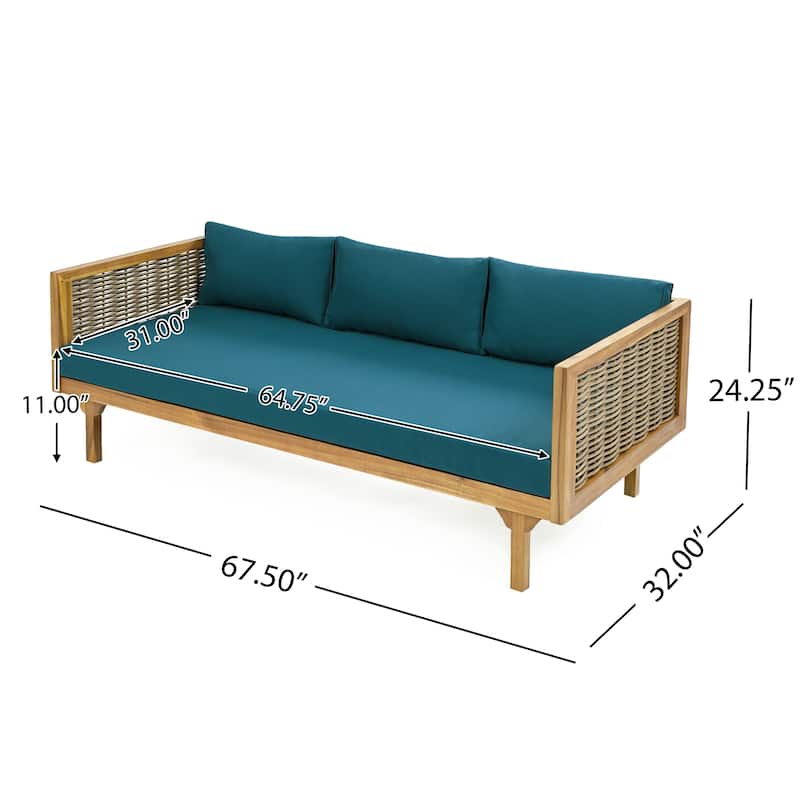 Roomfitters 3 Seater Wooden Patio Sofa, Wicker Panel Design, Modern Daybed with Weather-Resistant Cushions
