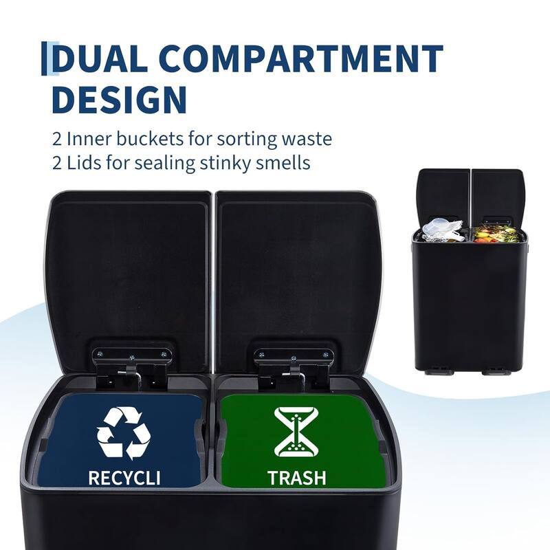 16-Gallon Dual Compartment Kitchen Recycling Station with Soft-Close Lids and Removable Buckets Black