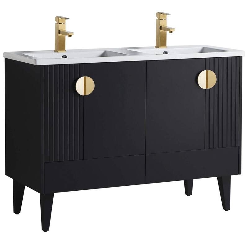 Venezian 48-inch Bathroom Vanity Set - Two Sinks - Black - Satin Brass Handles