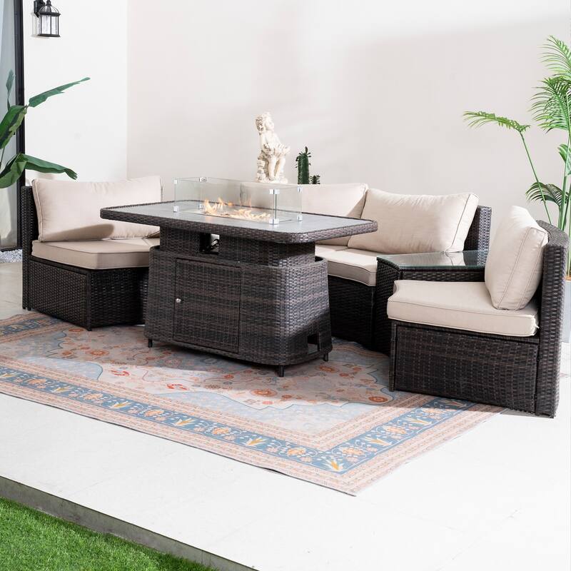 7-Piece Outdoor Patio Furniture Set with Adjustable Propane Fire Pit Table, Wicker Sofa and Tempered Glass Side Tables