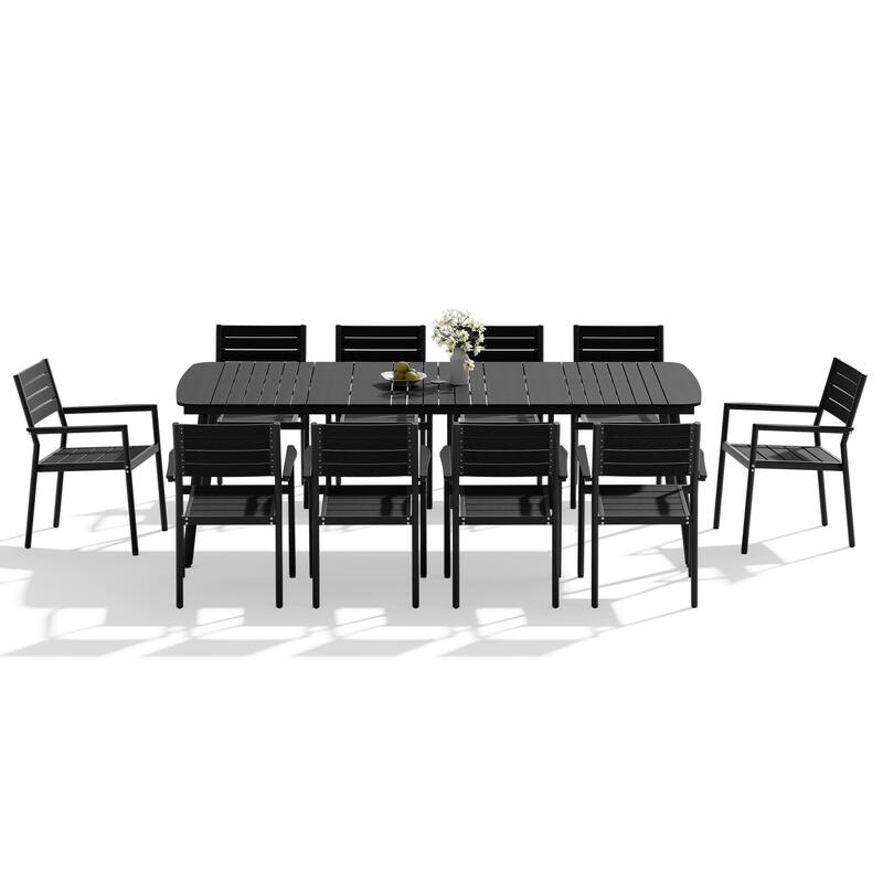 7-piece Patio Dining Set Outdoor Aluminum Rectangular Table with Umbrella Hole and Stackable Chairs - Black - Set of 11