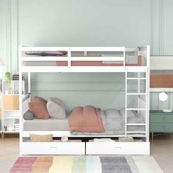 slide 2 of 9, Twin-over-Twin Bunk Bed with Ladders, Two Storage Drawers, Headboard & Footboard White