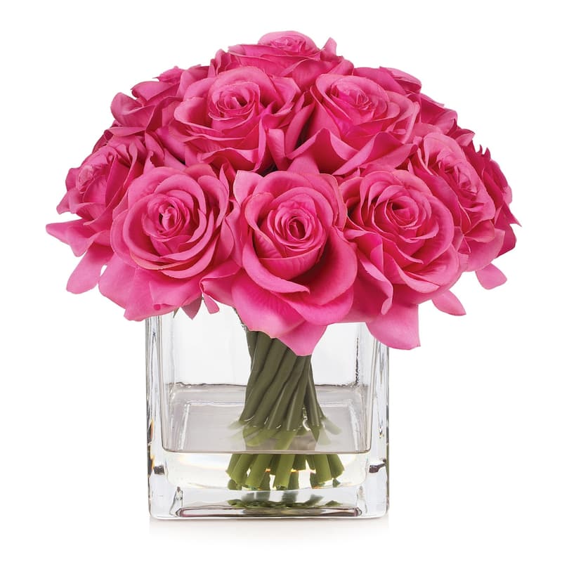Enova Home Artificial Silk Rose Flowers in Cube Glass Vase with Faux Water for Home Office Decoration - N/A