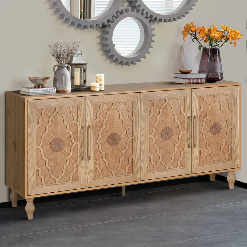 Carved Flower Door Large Storage Cabinet Sideboard Buffet