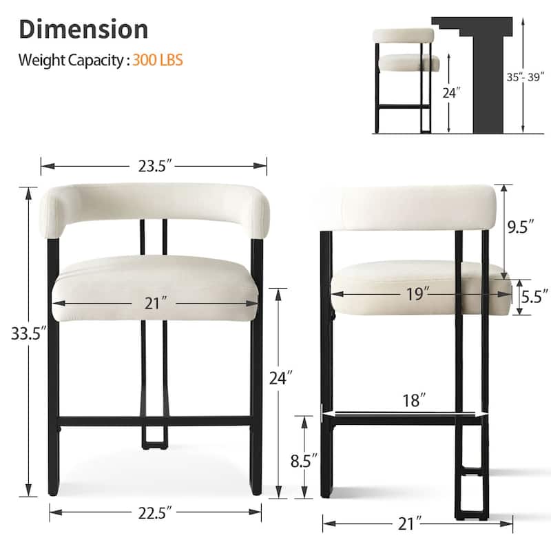 24" Seat Height Upholstered Velvet Solid back Counter Stool (Set os 2)