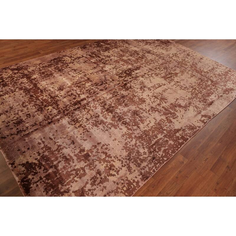 Contemporary Abstract Indian Area Rug Handmade Brown Wool Carpet - 6'8"x 9'10"