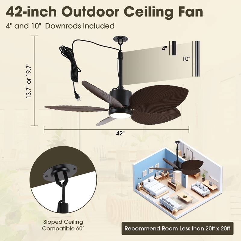42" Farmhouse Black Waterproof Outdoor Gazebo LED Ceiling Fan with Light, Hook Downrod and Tropical Palm Leaf - 42"Wx13.7"H