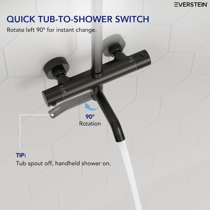 Height Adjustable Thermostatic Shower System with Tub Spout, 10" Rain Shower Head, Hand Shower, Brass Valve
