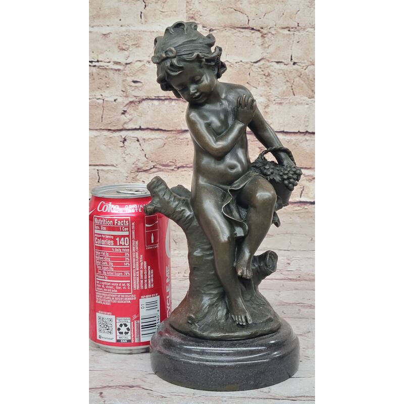 Small Child Girl Toddler Holding Basket Of Grapes - Clical Bronze Sculpture By Moreau