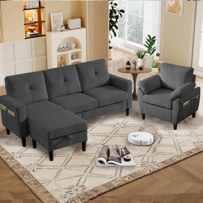 3 Pieces Corduroy Living Room Set with Sofa ,Storage Ottoman and Chair