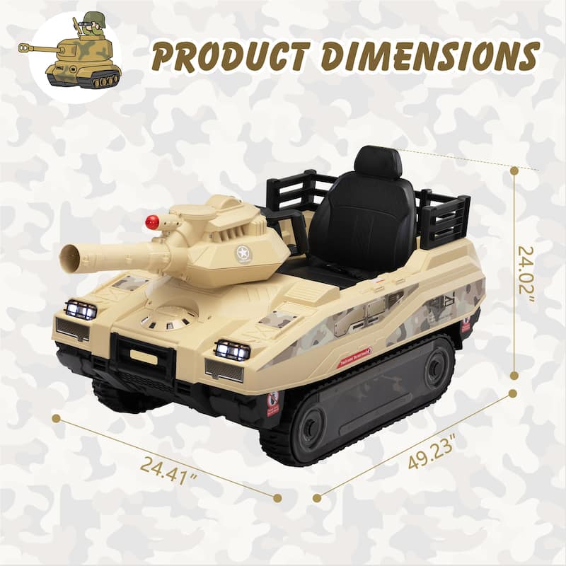 Ride-On Military Tank Ride On Car for Kids, 24V with Fighting Cannon, Rotating Turret, and Remote Control, for 3-8 Years Old
