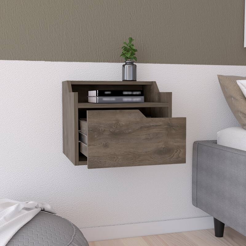 Floating Nightstand with Spacious Drawer, Dual-Tier Design, Dark Brown Finish for Wall Mounting - Dark Brown