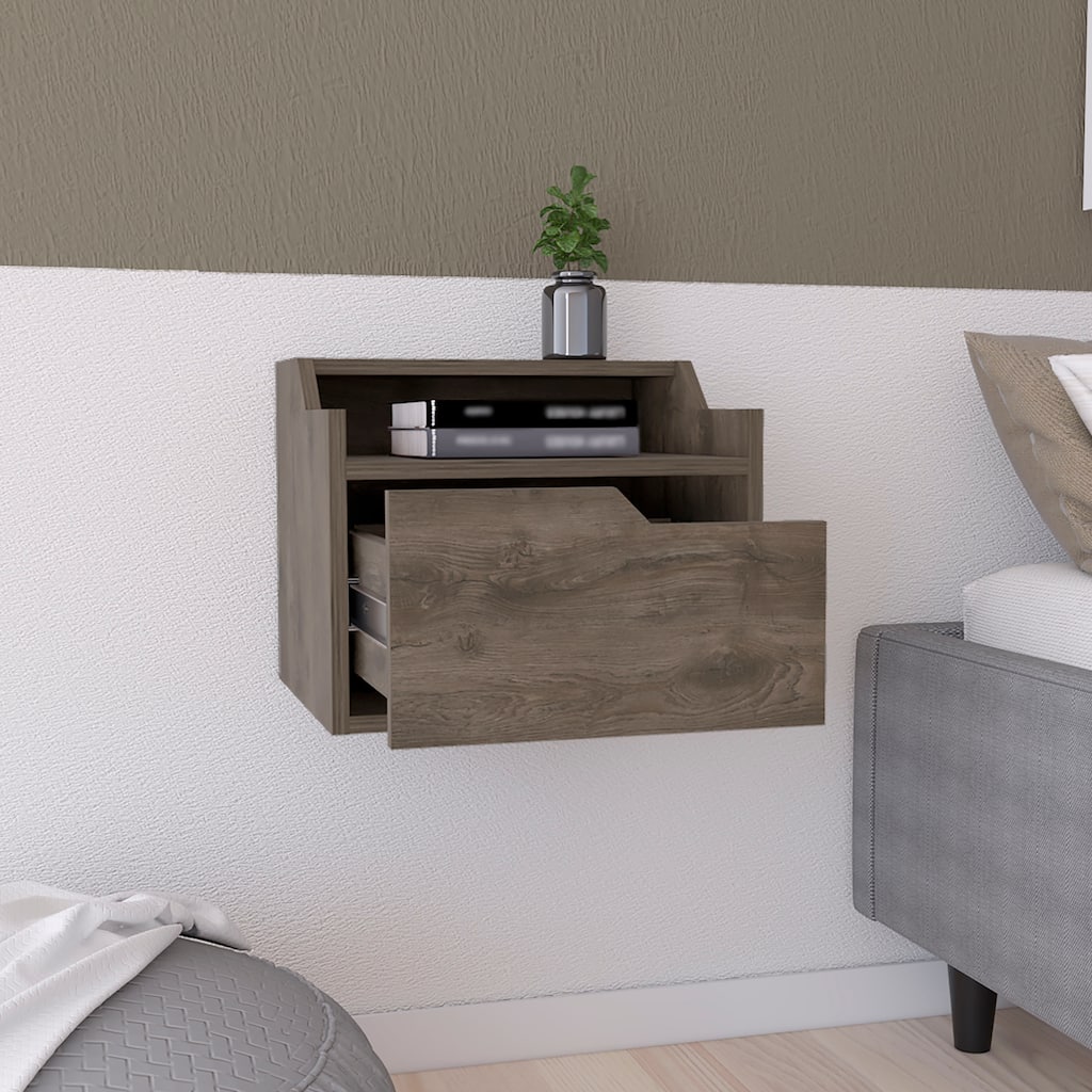 Floating Nightstand with Spacious Drawer, Dual-Tier Design, Dark Brown Finish for Wall Mounting