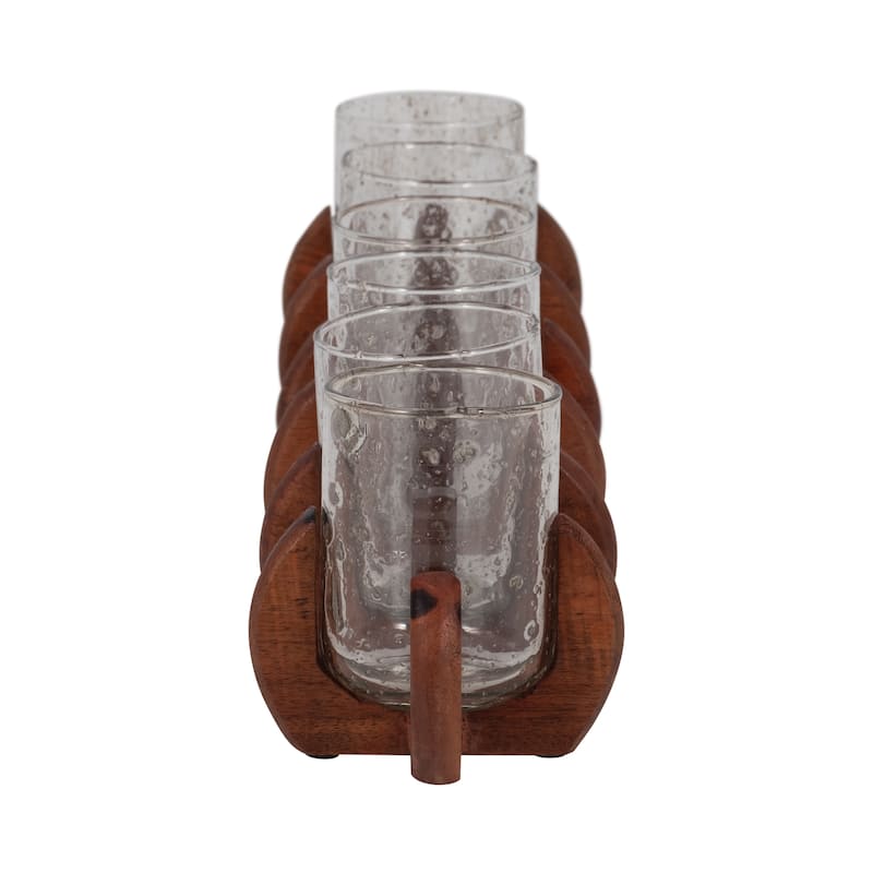 Sagebrook Home Neutral 24-Inch Brown/Clear Glass Votive Candle Holders With Mango Wood Base, Tealight Holder Set - 24" x 5" x 5"