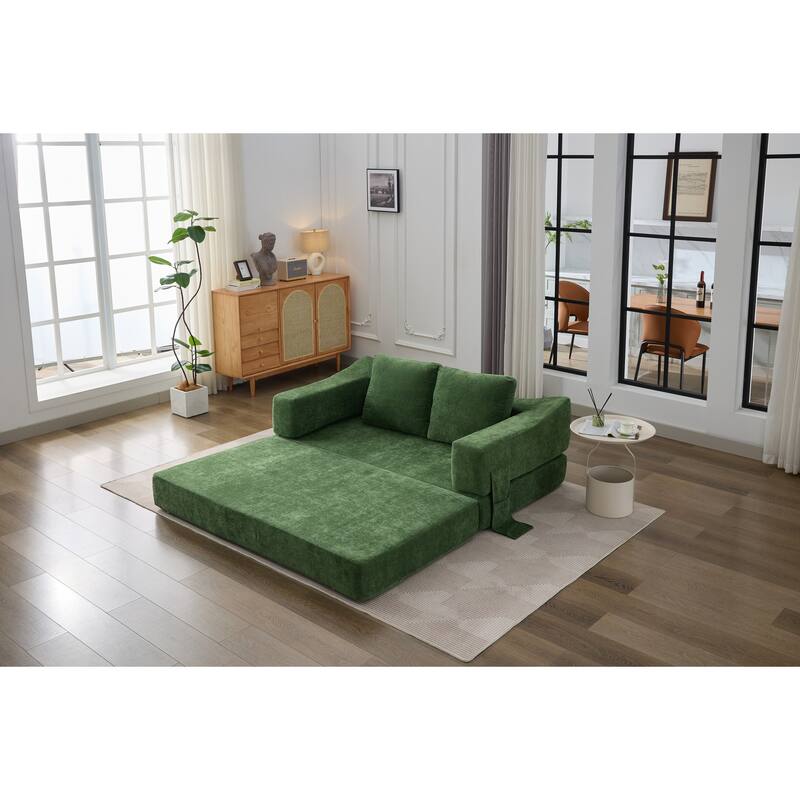 Modern Minimalist Fold-Out Sofa Bed, Convertible Chair Floor Couch, Green Chenille