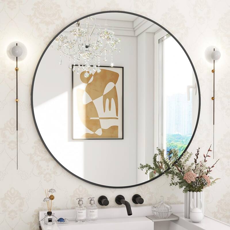 HOMLUX 30 Inch Round Wall Mirror Vanity Bathroom Mirrors with Black Aluminum Alloy Frame