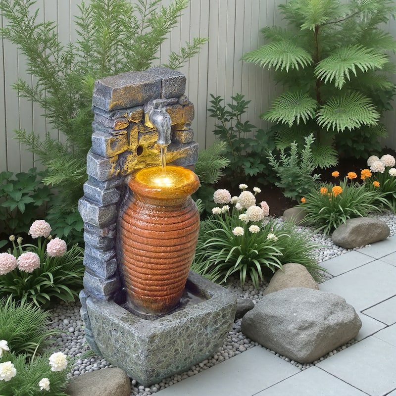 Outdoor 2-Tier Hand Crafted Polyresin Rustic Jar and Stone Wall Weather Resistant Fountain – Vbal