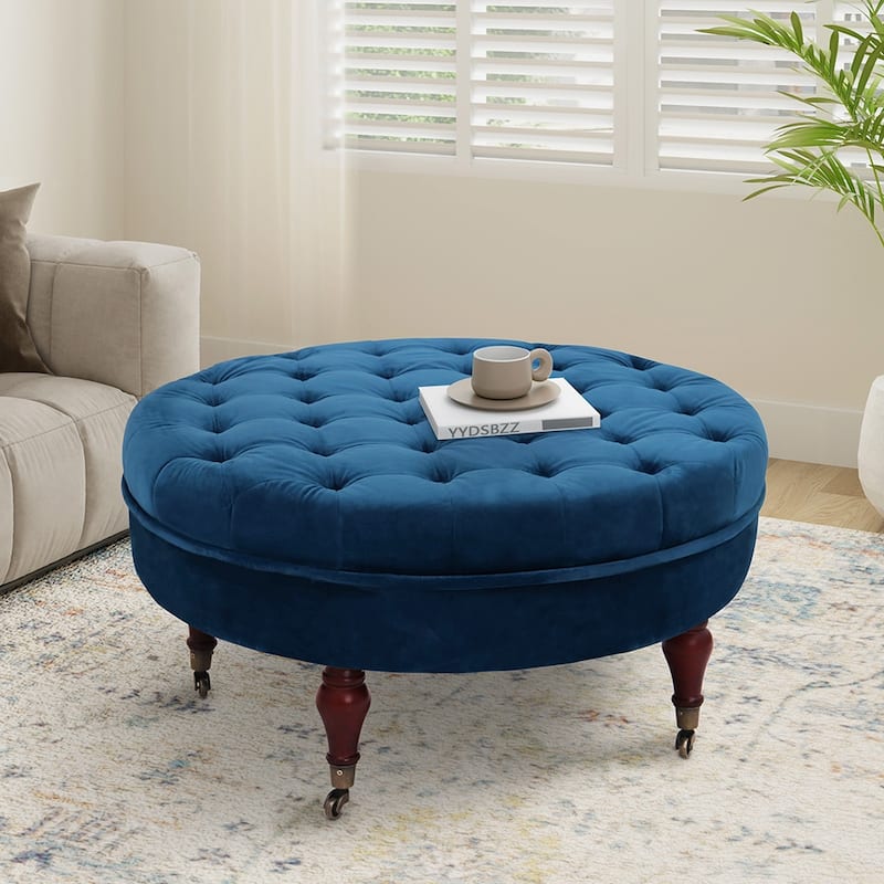 Maypex 32-inch Tufted Velvet Round Cocktail Ottoman with Wheels