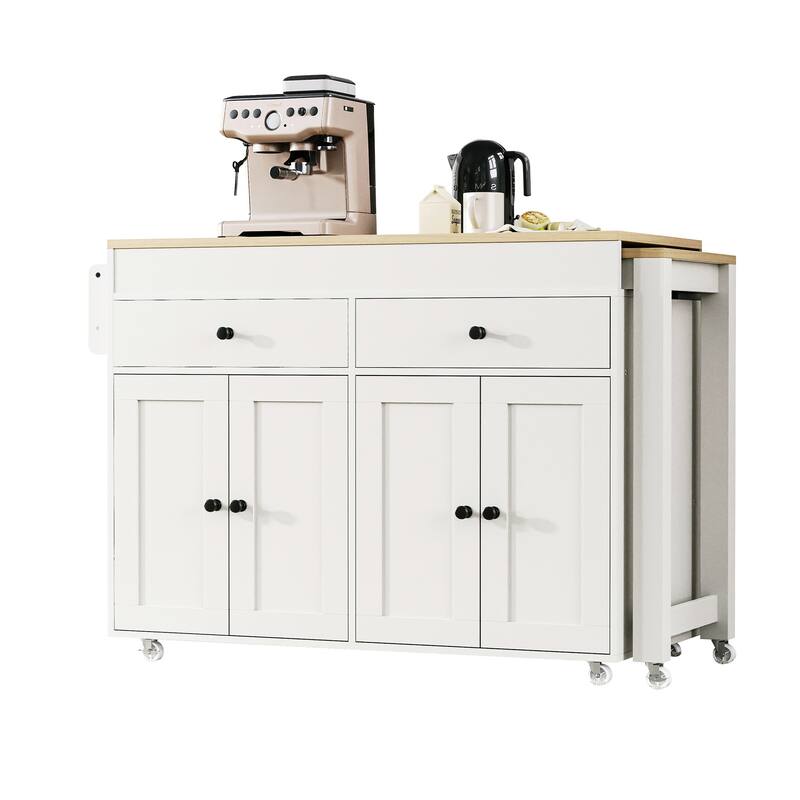 Kitchen Island with Extendable Dining Table , Rolling Kitchen Island with Spice Rack and 2 Drawers, Kitchen Storage Cart