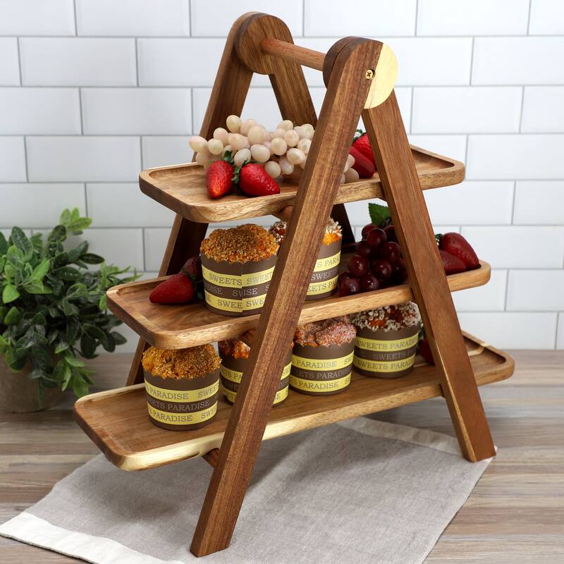 3 Tiered Acacia Wood Rectangular Stacked Tray Set Perfect For Serving