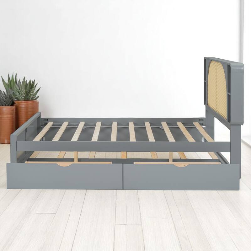 Queen Size Platform Bed with Rattan Headboard bed, 2 Drawers, Pull-Out Trundle bed, and Storage Compartments bed