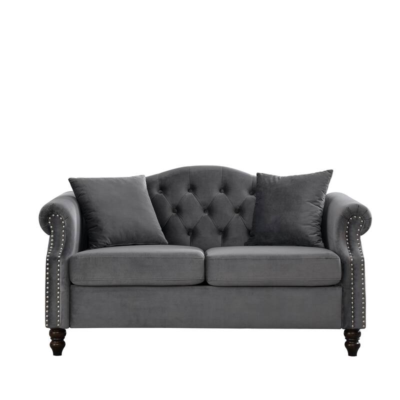 Chesterfield Velvet Loveseat, Tufted Upholstered Couch with Rolled Arms & Nailhead, 2 Seater Sofa with 2 Pillows