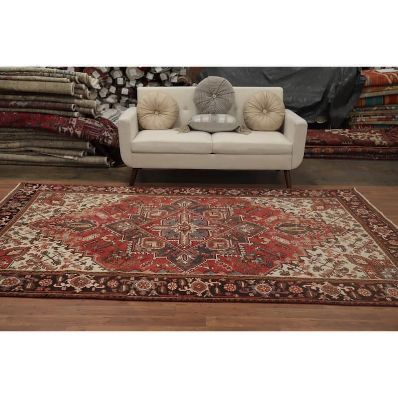 Hand Knotted Oriental 100% Wool Carpet Traditional Medallion Oranges & Rust Heriz Area Rug - 9' 9'' X 6' 3''
