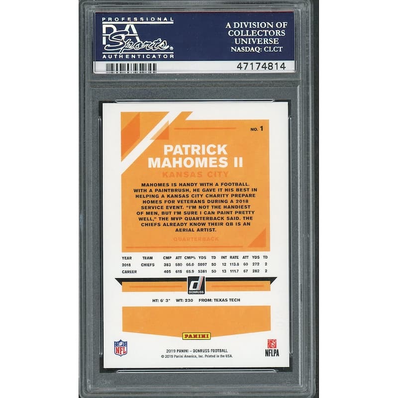 Patrick Mahomes 2019 Panini Donruss Football Card #1 Graded PSA 10 GEM MINT - 8'6" x 11'6"