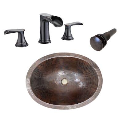 16" Oval Copper Bathroom Sink with Widespread Faucet and Pop-Up Drain - 16" X 12" X 5"