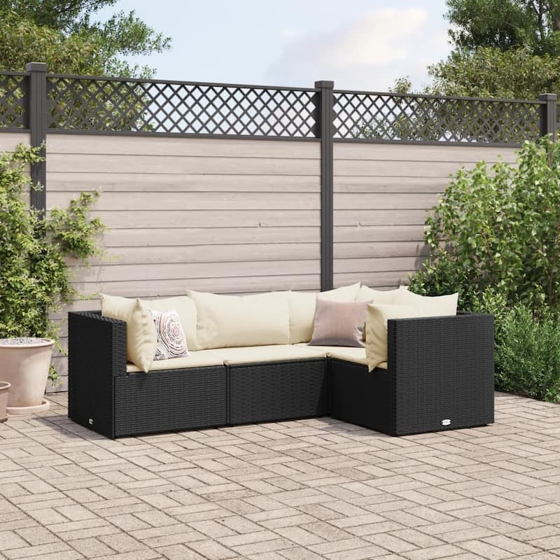 vidaXL Patio Lounge Set with Cushions Sectional Sofa Garden Backyard Poly Rattan - 24.8 x 24.8 x 22.6 - Black and cream  with table