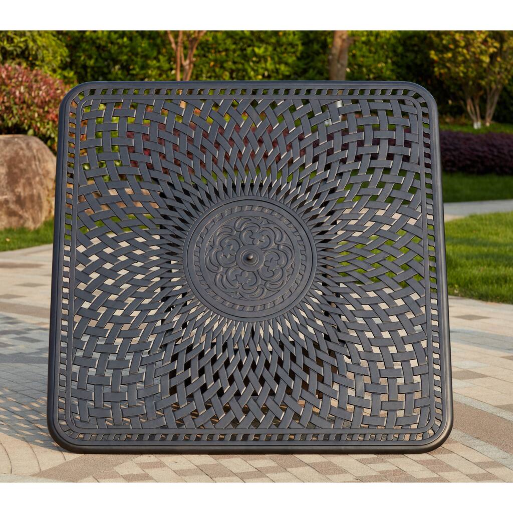 Darlee Ocean View Cast-aluminum Antique Bronze Dining Set With Sesame Cushions and 64-inch Square Propane Fire Pit Dining Table