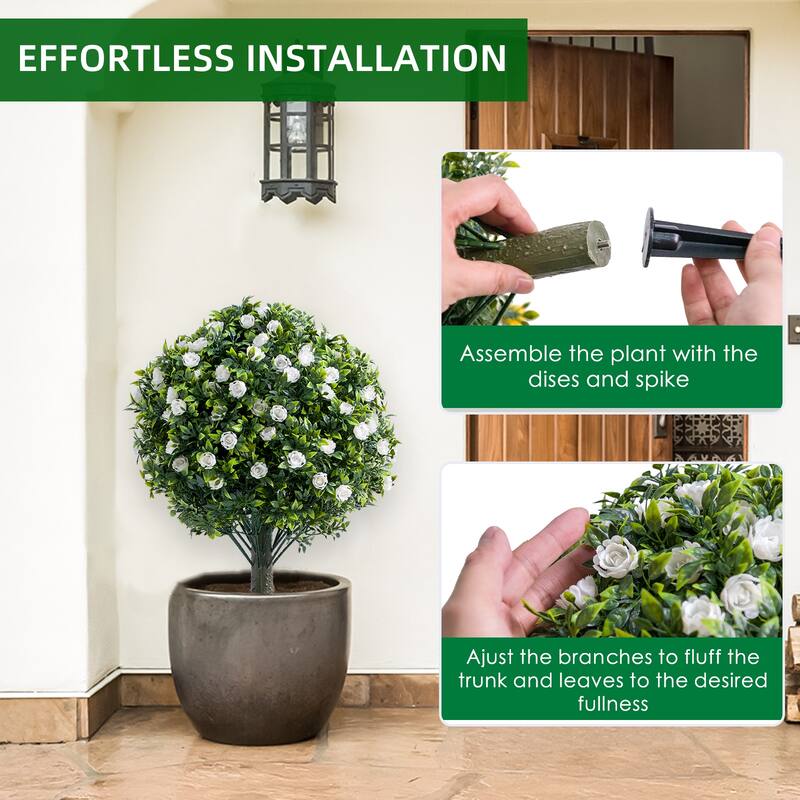 2 FT Artificial Topiary Flower Ball Trees with Ground Spike, Set of 2 Fake Rose Flowers Shrubs with Stake for Outdoor