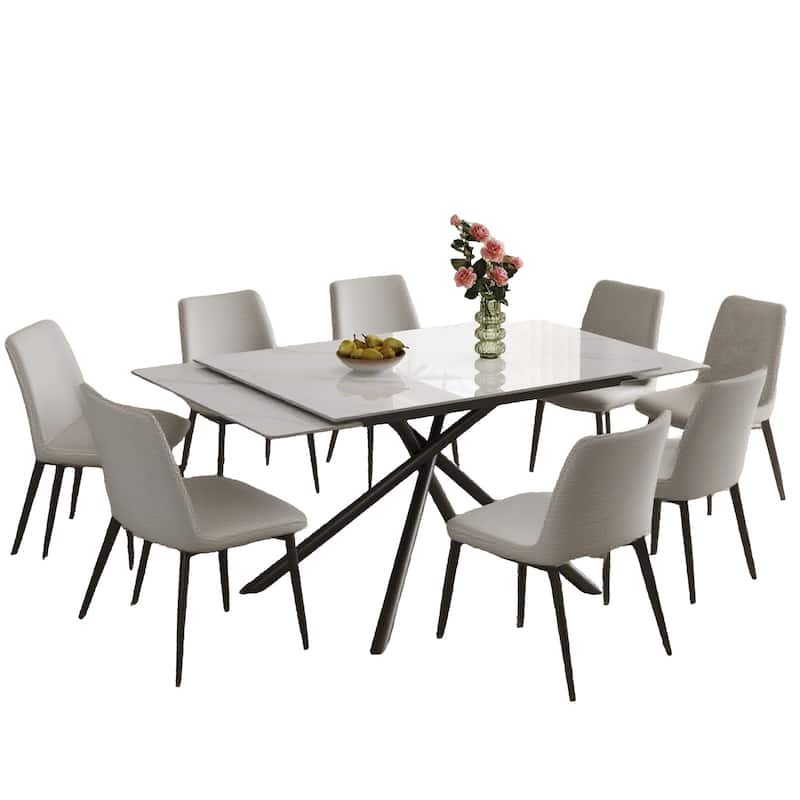 8 Dining Chairs Coffee Chairs Dining Sets, White Extendable Dining Table Coffee Table with Cross-Legs