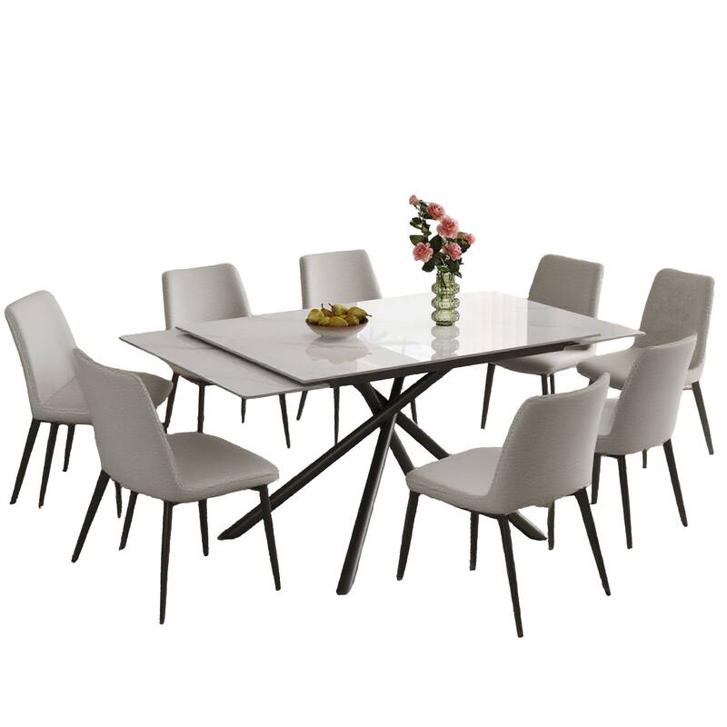 Retractable Sintered Stone Dining Table Set,steel table legs and a cross-leg structure at the bottom(Table + 8 Chairs)