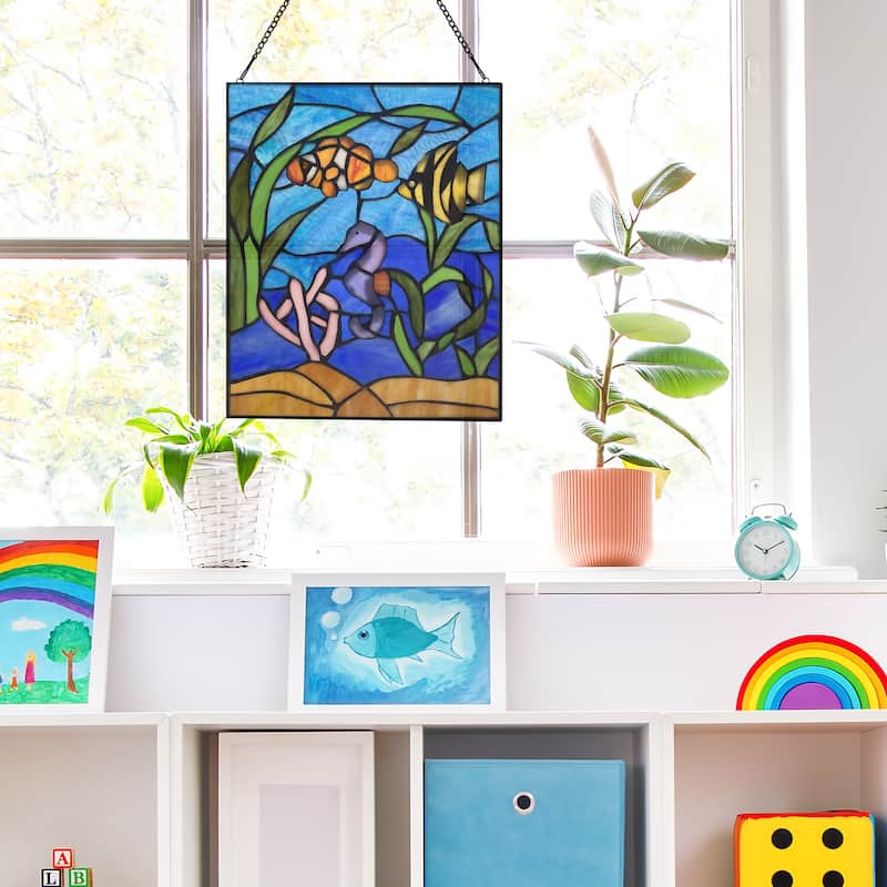 River of Goods Underwater Fish Ocean Scene River of Goods Multicolored Stained Glass Window Panel - 11" x 0.25" x 14"