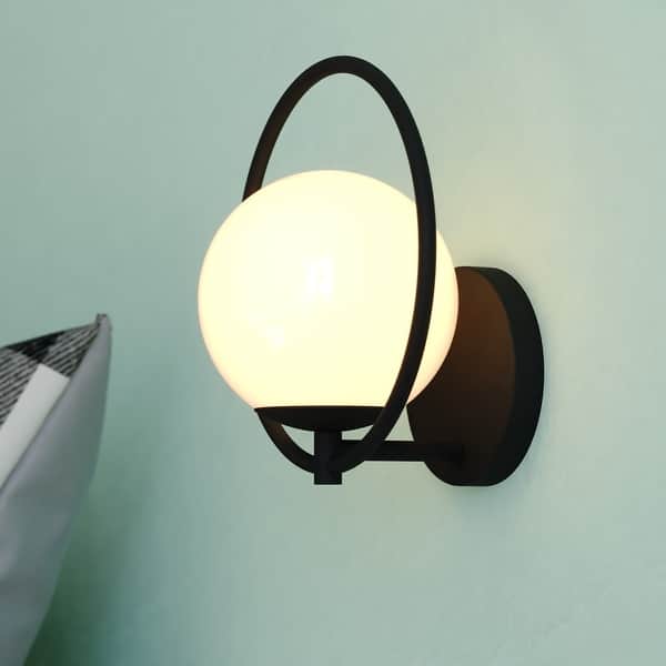 slide 2 of 11, Bucktown 1 Light Mid-Century Modern Wall Sconce White Globe Glass Matte Black - 9.5-in W x 9.75-in H x 7.25-in D