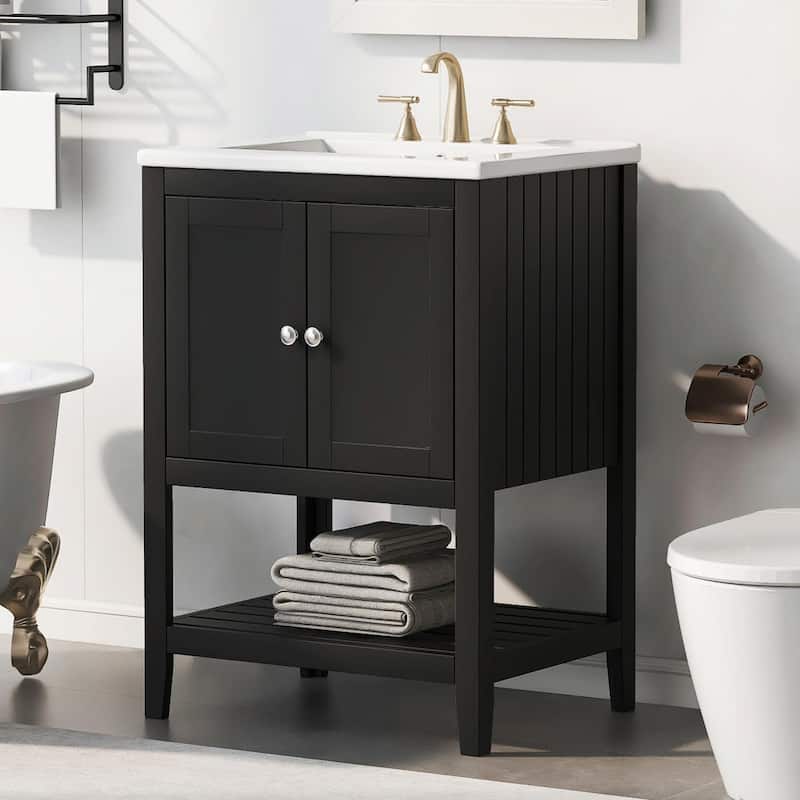 24" Bathroom Vanity with Ceramic Sink and Open Shelf