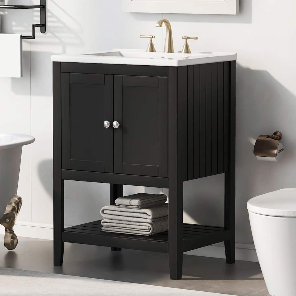 24" Bathroom Vanity with Ceramic Sink and Open Shelf